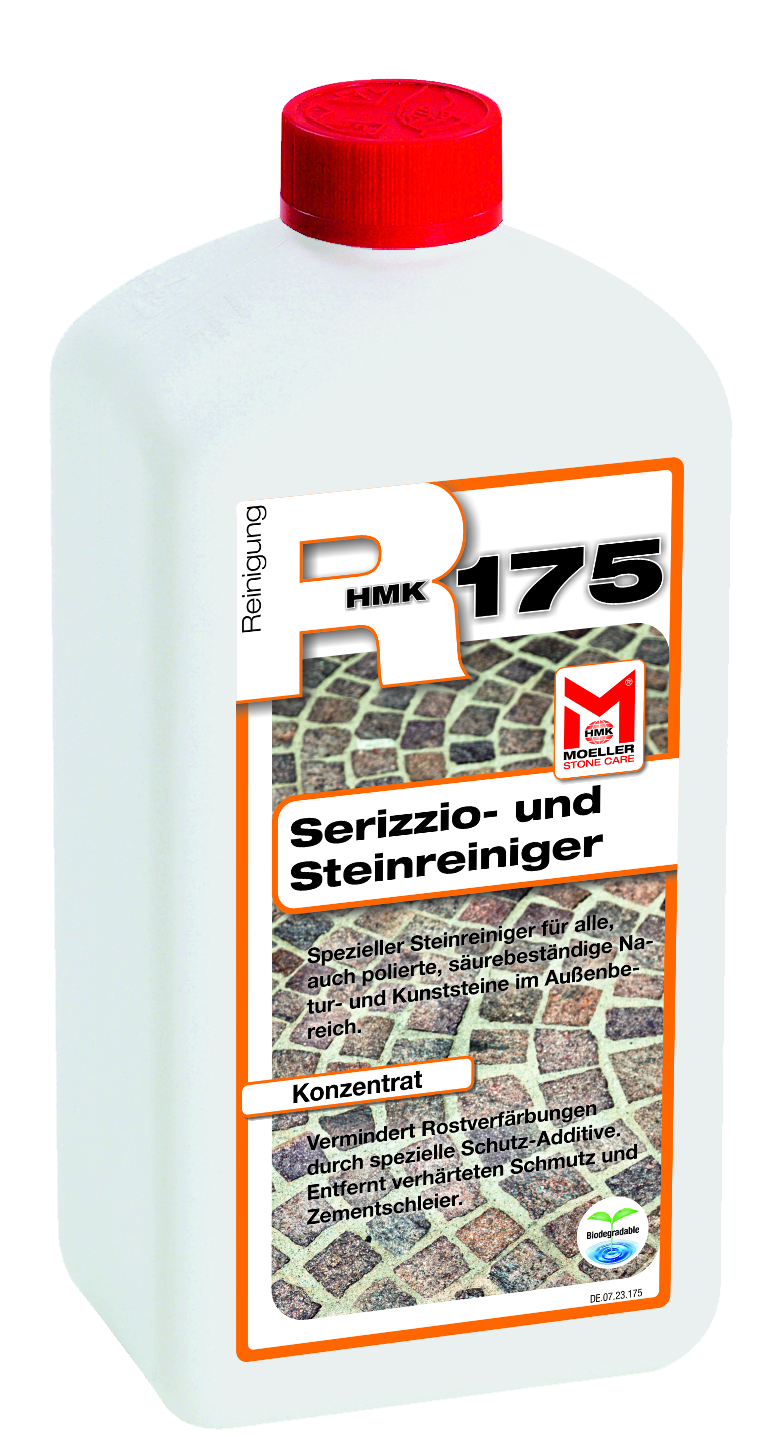 HMK R175 Serizzio- und Steinreiniger für verhärteten Bauschmutz, Zementschleier und Kalkablagerungen. Der Zementschleierentferner reinigt säureempfindliche Natursteine, Fliesen und Betonwerkstein.