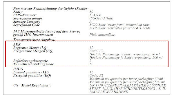 ADR-Angaben im Sicherheitsdatenblatt